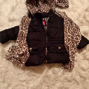 Pink Platinum Black Puffer Jacket with Leopard Print